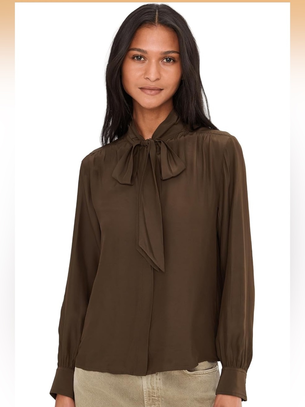 Madewell Women's Kimberley Tie-Neck Long Sleeve Blouse - Dark Mocha Brown small